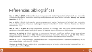 Referencias bibliográficas
Lee, A. & Nie, Y. (2014). Understanding teacher empowerment: Teachers’ perceptions of principal’s and immediate
supervisor’s empowering behaviours, psychological empowerment and work-related outcomes. Teaching and Teacher
Education, 41, 67-79.
Lee, A. & Nie, Y. (2014). Understanding teacher empowerment: Teachers’ perceptions of principal’s and immediate
supervisor’s empowering behaviours, psychological empowerment and work-related outcomes. Teaching and Teacher
Education, 41, 67-79.
Lesh, R.; Post, T. R.; Behr, M. (1988). Proportional Reasoning. In J. Hiebert & M. Behr (Eds.), Number concepts and
operations in the middle grades (pp.93-118). Reston, VA: National Council of Teachers of Mathematics.
Lezama, J. y Mariscal, E. (2008). Docencia en matemáticas: hacia un modelo del profesor desde la perspectiva
socioepistemológica. En P. Lestón (Ed.), Acta Latinoamericana de Matemática Educativa 21 (pp. 889-900). México:
Colegio Mexicano de Matemática Educativa A.C. y Comité Latinoamericano de Matemática Educativa A.C.
Llinares, S. (2013). El desarrollo de la competencia docente “mirar profesionalmente” la enseñanza-aprendizaje de las
matemáticas. Educar em Revista, 50, 117-133.
Montero, M. (2006). Teoría y práctica de la psicología comunitaria. La tensión entre comunidad y sociedad (3era ed.).
Argentina, Buenos Aires: Paidós.
50
 