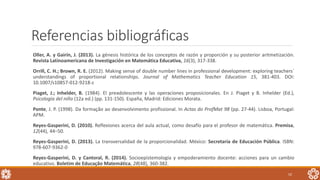 Referencias bibliográficas
Oller, A. y Gairín, J. (2013). La génesis histórica de los conceptos de razón y proporción y su posterior aritmetización.
Revista Latinoamericana de Investigación en Matemática Educativa, 16(3), 317-338.
Orrill, C. H.; Brown, R. E. (2012). Making sense of double number lines in professional development: exploring teachers´
understandings of proportional relationships. Journal of Mathematics Teacher Education 15, 381-403. DOI:
10.1007/s10857-012-9218-z
Piaget, J.; Inhelder, B. (1984). El preadolescente y las operaciones proposicionales. En J. Piaget y B. Inhelder (Ed.),
Psicología del niño (12a ed.) (pp. 131-150). España, Madrid: Ediciones Morata.
Ponte, J. P. (1998). Da formação ao desenvolvimento profissional. In Actas do ProfMat 98 (pp. 27-44). Lisboa, Portugal:
APM.
Reyes-Gasperini, D. (2010). Reflexiones acerca del aula actual, como desafío para el profesor de matemática. Premisa,
12(44), 44–50.
Reyes-Gasperini, D. (2013). La transversalidad de la proporcionalidad. México: Secretaría de Educación Pública. ISBN:
978-607-9362-0
Reyes-Gasperini, D. y Cantoral, R. (2014). Socioepistemología y empoderamiento docente: acciones para un cambio
educativo. Boletim de Educação Matemática, 28(48), 360-382.
52
 