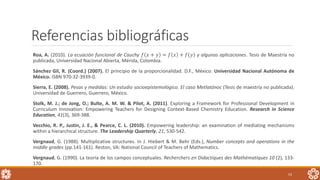 Referencias bibliográficas
Roa, A. (2010). La ecuación funcional de Cauchy 𝑓 𝑥 + 𝑦 = 𝑓 𝑥 + 𝑓 𝑦 y algunas aplicaciones. Tesis de Maestría no
publicada, Universidad Nacional Abierta, Mérida, Colombia.
Sánchez Gil, R. (Coord.) (2007). El principio de la proporcionalidad. D.F., México: Universidad Nacional Autónoma de
México. ISBN 970-32-3939-0.
Sierra, E. (2008). Pesas y medidas: Un estudio socioepistemológico. El caso Metlatónoc (Tesis de maestría no publicada).
Universidad de Guerrero, Guerrero, México.
Stolk, M. J.; de Jong, O.; Bulte, A. M. W. & Pilot, A. (2011). Exploring a Framework for Professional Development in
Curriculum Innovation: Empowering Teachers for Designing Context-Based Chemistry Education. Research in Science
Education, 41(3), 369-388.
Vecchio, R. P., Justin, J. E., & Pearce, C. L. (2010). Empowering leadership: an examination of mediating mechanisms
within a hierarchical structure. The Leadership Quarterly, 21, 530-542.
Vergnaud, G. (1988). Multiplicative structures. In J. Hiebert & M. Behr (Eds.), Number concepts and operations in the
middle grades (pp.141-161). Reston, VA: National Council of Teachers of Mathematics.
Vergnaud, G. (1990). La teoría de los campos conceptuales. Recherchers en Didactiques des Mathématiques 10 (2), 133-
170.
53
 