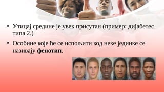 ●
Утицај средине је увек присутан (пример: дијабетес
типа 2.)
●
Особине које ће се испољити код неке јединке се
називају фенотип.
 