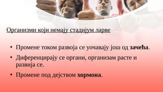 Организми који немају стадијум ларве
●
Промене током развоја се уочавају још од зачећа.
●
Диференцирају се органи, организам расте и
развија се.
●
Промене под дејством хормона.
 