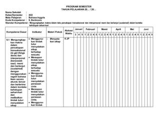 PROGRAM SEMESTER
TAHUN PELAJARAN 20… / 20…
Nama Sekolah :
Kelas/Semester : XI/2
Mata Pelajaran : Bahasa Inggris
Kode Kompetensi : 9. Berbicara
Standar Kompetensi : Mengungkapkan makna dalam teks percakapan transaksional dan interpersonal resmi dan berlanjut (sustained) dalam konteks
kehidupan sehari-hari
Kompetensi Dasar Indikator Materi Pokok
Alokasi
Waktu
Januari Februari Maret April Mei Juni
3 4 5 1 2 3 4 5 1 2 3 4 5 1 2 3 4 5 1 2 3 4 5 1 2 3 4 5
9.1 Mengungkap-
kan makna
dalam
percakapan
transaksional
(to get things
done) dan
interpersonal
(bersosiali-
sasi) resmi
dan berlanjut
(sustained)
dengan
menggunakan
ragam bahasa
lisan secara
akurat, lancar
dan berterima
dalam konteks
kehidupan
sehari-hari
dan
melibatkan
tindak tutur:
menyatakan
sikap
 Mengguna-
kan tindak
tutur
menyatakan
sikap
terhadap
sesuatu
 Merespon
tindak tutur
menyatakan
sikap
terhadap
sesuatu
 Mengguna-
kan tindak
tutur
menyatakan
perasaan
cinta
 Merespon
tindak tutur
menyatakan
perasaan
cinta.
 Mengguna-
kan tindak
o Menyata-
kan sikap
6 JP
 