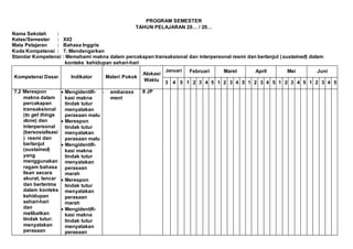 PROGRAM SEMESTER
TAHUN PELAJARAN 20… / 20…
Nama Sekolah :
Kelas/Semester : XI/2
Mata Pelajaran : Bahasa Inggris
Kode Kompetensi : 7. Mendengarkan
Standar Kompetensi : Memahami makna dalam percakapan transaksional dan interpersonal resmi dan berlanjut (sustained) dalam
konteks kehidupan sehari-hari
Kompetensi Dasar Indikator Materi Pokok
Alokasi
Waktu
Januari Februari Maret April Mei Juni
3 4 5 1 2 3 4 5 1 2 3 4 5 1 2 3 4 5 1 2 3 4 5 1 2 3 4 5
7.2 Merespon
makna dalam
percakapan
transaksional
(to get things
done) dan
interpersonal
(bersosialisasi
) resmi dan
berlanjut
(sustained)
yang
menggunakan
ragam bahasa
lisan secara
akurat, lancar
dan berterima
dalam konteks
kehidupan
sehari-hari
dan
melibatkan
tindak tutur:
menyatakan
perasaan
 Mengidentifi-
kasi makna
tindak tutur
menyatakan
perasaan malu
 Merespon
tindak tutur
menyatakan
perasaan malu
 Mengidentifi-
kasi makna
tindak tutur
menyatakan
perasaan
marah
 Merespon
tindak tutur
menyatakan
perasaan
marah
 Mengidentifi-
kasi makna
tindak tutur
menyatakan
perasaan
- embarass
ment
8 JP
 