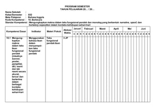 PROGRAM SEMESTER
TAHUN PELAJARAN 20… / 20…
Nama Sekolah :
Kelas/Semester : XI/2
Mata Pelajaran : Bahasa Inggris
Kode Kompetensi : 10. Berbicara
Standar Kompetensi : Mengungkapkan makna dalam teks fungsional pendek dan monolog yang berbentuk narrative, spoof, dan
hortatory exposition dalam konteks kehidupan sehari-hari
Kompetensi Dasar Indikator Materi Pokok
Alokasi
Waktu
Januari Februari Maret April Mei Juni
3 4 5 1 2 3 4 5 1 2 3 4 5 1 2 3 4 5 1 2 3 4 5 1 2 3 4 5
10.1 Mengung-
kapkan
makna
dalam teks
lisan
fungsional
pendek
(misalnya
banner,
poster,
pamphlet,
dll.) resmi
dan tak
resmi secara
akurat,
lancar dan
berterima
dalam
berbagai
konteks
kehidupan
sehari-hari
- Menggunakan
bahasa lisan
dalam
menyampai-
kan teks
fungsional
pendek
Teks
fungsional
pendek lisan
3 JP
 