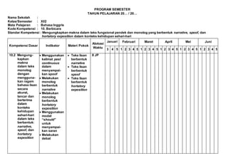 PROGRAM SEMESTER
TAHUN PELAJARAN 20… / 20…
Nama Sekolah :
Kelas/Semester : XI/2
Mata Pelajaran : Bahasa Inggris
Kode Kompetensi : 10. Berbicara
Standar Kompetensi : Mengungkapkan makna dalam teks fungsional pendek dan monolog yang berbentuk narrative, spoof, dan
hortatory exposition dalam konteks kehidupan sehari-hari
Kompetensi Dasar Indikator Materi Pokok
Alokasi
Waktu
Januari Februari Maret April Mei Juni
3 4 5 1 2 3 4 5 1 2 3 4 5 1 2 3 4 5 1 2 3 4 5 1 2 3 4 5
10.2 Mengung-
kapkan
makna
dalam teks
monolog
dengan
mengguna-
kan ragam
bahasa lisan
secara
akurat,
lancar dan
berterima
dalam
konteks
kehidupan
sehari-hari
dalam teks
berbentuk:
narrative,
spoof, dan
hortatory
exposition
 Menggunakan
kalimat past
continuous
dalam
menyampai-
kan spoof
 Melakukan
monolog
berbentuk
narrative
 Melakukan
monolog
berbentuk
hortatory
exposition
 Menggunakan
modal
“should”
untuk
menyampai-
kan saran
 Melakukan
debat
 Teks lisan
berbentuk
narrative
 Teks lisan
berbentuk
spoof
 Teks lisan
berbentuk
hortatory
exposition
8 JP
 