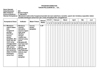 PROGRAM SEMESTER
TAHUN PELAJARAN 20… / 20…
Nama Sekolah :
Kelas/Semester : XI/2
Mata Pelajaran : Bahasa Inggris
Kode Kompetensi : 11. Membaca
Standar Kompetensi : Memahami makna teks fungsional pendek dan esei sederhana narrative, spoof, dan hortatory exposition dalam
konteks kehidupan sehari-hari dan untuk mengakses ilmu pengetahuan
Kompetensi Dasar Indikator Materi Pokok
Alokasi
Waktu
Januari Februari Maret April Mei Juni
3 4 5 1 2 3 4 5 1 2 3 4 5 1 2 3 4 5 1 2 3 4 5 1 2 3 4 5
11.1 Merespon
makna dalam
teks
fungsional
pendek
(misalnya
banner,
poster,
pamphlet, dll.)
resmi dan tak
resmi yang
menggunakan
ragam bahasa
tulis secara
akurat, lancar
dan berterima
dalam konteks
kehidupan
sehari-hari
 Membaca
nyaring
bermakna
wacana ragam
tulis yang
dibahas
dengan
ucapan dan
intonasi yang
benar
 Mengidentifi-
kasi topic dari
teks yang
dibaca
 Mengidentifi-
kasi informasi
tertentu dari
banner,
poster,
pamphlet
banner,
poster,
pamphlet
4 JP
 