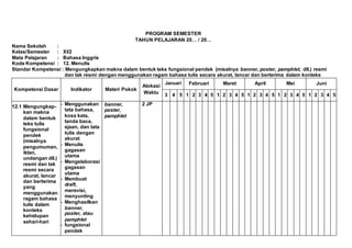 PROGRAM SEMESTER
TAHUN PELAJARAN 20… / 20…
Nama Sekolah :
Kelas/Semester : XI/2
Mata Pelajaran : Bahasa Inggris
Kode Kompetensi : 12. Menulis
Standar Kompetensi : Mengungkapkan makna dalam bentuk teks fungsional pendek (misalnya banner, poster, pamphlet, dll.) resmi
dan tak resmi dengan menggunakan ragam bahasa tulis secara akurat, lancar dan berterima dalam konteks
Kompetensi Dasar Indikator Materi Pokok
Alokasi
Waktu
Januari Februari Maret April Mei Juni
3 4 5 1 2 3 4 5 1 2 3 4 5 1 2 3 4 5 1 2 3 4 5 1 2 3 4 5
12.1 Mengungkap-
kan makna
dalam bentuk
teks tulis
fungsional
pendek
(misalnya
pengumuman,
iklan,
undangan dll.)
resmi dan tak
resmi secara
akurat, lancar
dan berterima
yang
menggunakan
ragam bahasa
tulis dalam
konteks
kehidupan
sehari-hari
- Menggunakan
tata bahasa,
kosa kata,
tanda baca,
ejaan, dan tata
tulis dengan
akurat
- Menulis
gagasan
utama
- Mengelaborasi
gagasan
utama
- Membuat
draft,
merevisi,
menyunting
- Menghasilkan
banner,
poster, atau
pamphlet
- fungsional
pendek
banner,
poster,
pamphlet
2 JP
 