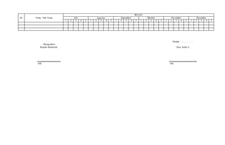 No Tema / Sub Tema
BULAN
Juli Agustus September Oktober November Desember
1 2 3 4 5 1 2 3 4 5 1 2 3 4 5 1 2 3 4 5 1 2 3 4 5 1 2 3 4 5
Mengetahui
Kepala Madrasah,
…………………………
NIP. 19680703 199303 1 003
Demak, …………….
Guru Kelas 4,
……………………………...
NIP. 19791013 201101 1 005
 