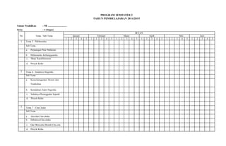 PROGRAM SEMESTER 2
TAHUN PEMBELAJARAN 2014/2015
Satuan Pendidikan : MI .................................
Kelas : 4 (Empat)
No Tema / Sub Tema
BULAN
Januari Februari Maret April Mei Juni
1 2 3 4 5 1 2 3 4 5 1 2 3 4 5 1 2 3 4 5 1 2 3 4 5 1 2 3 4 5
1 Tema 5 : Pahlawanku
Sub Tema :
a. Perjuangan Para Pahlawan
b. Pahlawanku Kebanggaanku
c. Sikap Kepahlawanan
d. Proyek Kelas
2 Tema 6 : Indahnya Negeriku
Sub Tema :
a. Keanekaragaman Hewan dan
Tumbuhan
b. Keindahan Alam Negeriku
c. Indahnya Peninggalan Sejarah
d. Proyek Kelas
3 Tema 7 : Cita-Citaku
Sub Tema :
a. Aku dan Cita-citaku
b. Hebatnya Cita-citaku
c. Giat Berusaha Meraih Cita-cita
d. Proyek Kelas
 