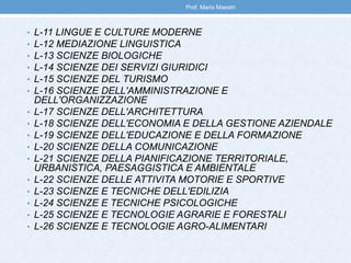 • L-11 LINGUE E CULTURE MODERNE
• L-12 MEDIAZIONE LINGUISTICA
• L-13 SCIENZE BIOLOGICHE
• L-14 SCIENZE DEI SERVIZI GIURIDICI
• L-15 SCIENZE DEL TURISMO
• L-16 SCIENZE DELL'AMMINISTRAZIONE E
DELL'ORGANIZZAZIONE
• L-17 SCIENZE DELL'ARCHITETTURA
• L-18 SCIENZE DELL'ECONOMIA E DELLA GESTIONE AZIENDALE
• L-19 SCIENZE DELL'EDUCAZIONE E DELLA FORMAZIONE
• L-20 SCIENZE DELLA COMUNICAZIONE
• L-21 SCIENZE DELLA PIANIFICAZIONE TERRITORIALE,
URBANISTICA, PAESAGGISTICA E AMBIENTALE
• L-22 SCIENZE DELLE ATTIVITA MOTORIE E SPORTIVE
• L-23 SCIENZE E TECNICHE DELL'EDILIZIA
• L-24 SCIENZE E TECNICHE PSICOLOGICHE
• L-25 SCIENZE E TECNOLOGIE AGRARIE E FORESTALI
• L-26 SCIENZE E TECNOLOGIE AGRO-ALIMENTARI
Prof. Mario Maestri
 