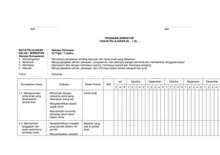…………………………..                                                                                             ……………………………
          NIP.                                                                                                     NIP.


                                                                    PROGRAM SEMESTER
                                                                 TAHUN PELAJARAN 20… / 20…


MATA PELAJARAN        :   Bahasa Indonesia
KELAS / SEMESTER      :   III (Tiga) / 1 (satu)
Standar Kompetensi    :
1. Mendengarkan       :   Memahami penjelasan tentang petunjuk dan cerita anak yang dilisankan
2. Berbicara          :   Mengungkapkan pikiran, perasaan, pengalaman, dan petunjuk dengan bercerita dan memberikan tanggapan/saran
3. Membaca            :   Memahami teks dengan membaca nyaring, membaca intensif dan membaca dongeng
4. Menulis            :   Mengungkapkan pikiran, perasaan, dan informasi dalam bentuk paragraf dan puisi

Tema                  :   Keluarga

                                                                                Juli        Agustus   September       Oktober         Nopember   Desember
 Kompetensi Dasar                Indikator          Materi Pokok     AW
                                                                            3    4     5   1 2 3 4 5 1 2 3 4 5 1 2 3 4 5 1 2 3 4 5 1 2 3 4 5

1.2. Mengomentari     - Menyimak dengan            Cerita anak
   cerita anak yang     seksama cerita yang
   disampaikan          dibacakan orang lain
   secara lisan
                      - Mengidentifikasi watak-
                        watak tokoh
                      - Memberikan komentar
                        terhadap tokoh-tokoh
                        dalam cerita

2.3. Memberikan       - Mengidentifikasi masalah   Masalah yang
   tanggapan dan        yang pernah dialami diri   ada di sekitar
   saran sederhana      sendiri                    anak
   terhadap suatu
                      - Menyampaikan masalah
 