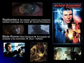 Replicantes  ► Se rebelan contra sus creadores (desean prolongar sus vidas) ► Acción Prometeica  Blade Runner  (Rick Deckard) ► Encargado de aniquilar a los androides. ► Zeus - Hefesto 