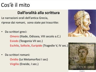 Dall’oralità alla scrittura
Le narrazioni orali dell’antica Grecia,
riprese dai romani, sono state poi trascritte:
• Da scrittori greci:
Omero (Iliade, Odissea, VIII secolo a.C.)
Esiodo (Teogonia VII sec.)
Eschilo, Sofocle, Euripide (Tragedie V, IV sec.)
• Da scrittori romani:
Ovidio (Le Metamorfosi I sec)
Virgilio (Eneide, I sec.)
Cos’è il mito
 