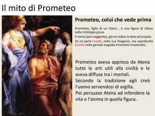 Prometeo, colui che vede prima
Prometeo, figlio di un titano , è una figura di rilievo
nella mitologia greca.
Il nome (pre-veggente), già ne indica la dote principale.
Ce ne parla Esiodo, nella sua Teogonia, ma soprattutto
Eschilo nella geniale tragedia Prometeo Incatenato.
Il mito di Prometeo
Prometeo aveva appreso da Atena
tutte le arti utili alla civiltà e le
aveva diffuse tra i mortali.
Secondo la tradizione egli creò
l'uomo servendosi di argilla.
Poi persuase Atena ad infondere la
vita e l'anima in quella figura.
 