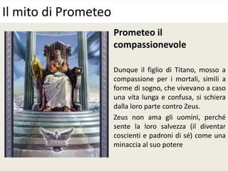 Prometeo il
compassionevole
Dunque il figlio di Titano, mosso a
compassione per i mortali, simili a
forme di sogno, che vivevano a caso
una vita lunga e confusa, si schiera
dalla loro parte contro Zeus.
Zeus non ama gli uomini, perché
sente la loro salvezza (il diventar
coscienti e padroni di sé) come una
minaccia al suo potere
Il mito di Prometeo
 