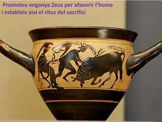 Prometeuenganya Zeus per afavorirl’homei estableixaixí el ritus del sacrifici