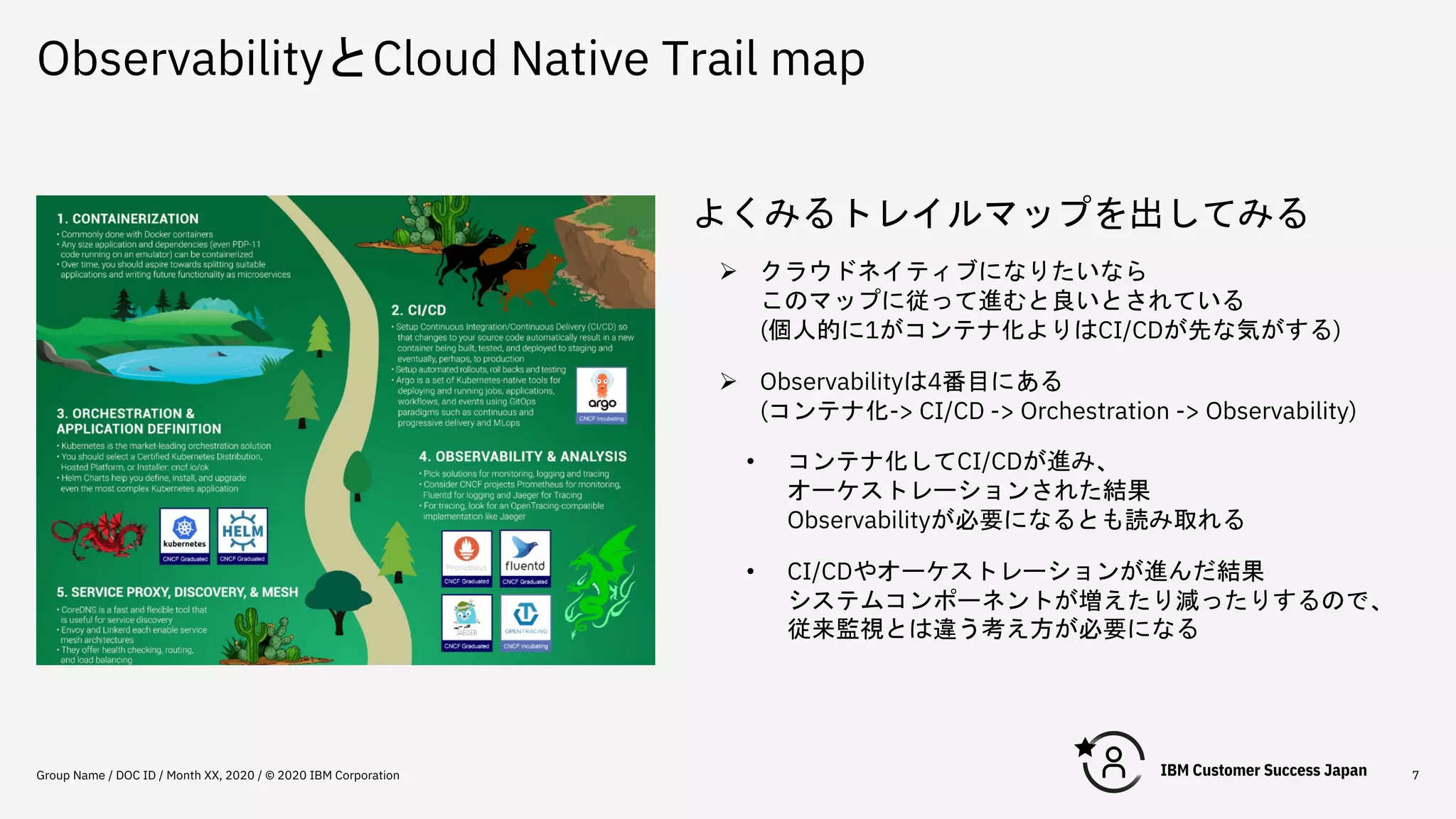 ObservabilityとCloud Native Trail map
Group Name / DOC ID / Month XX, 2020 / © 2020 IBM Corporation 7
よくみるトレイルマップを出してみる
Ø クラウドネイティブになりたいなら
このマップに従って進むと良いとされている
(個人的に1がコンテナ化よりはCI/CDが先な気がする)
Ø Observabilityは4番目にある
(コンテナ化-> CI/CD -> Orchestration -> Observability)
• コンテナ化してCI/CDが進み、
オーケストレーションされた結果
Observabilityが必要になるとも読み取れる
• CI/CDやオーケストレーションが進んだ結果
システムコンポーネントが増えたり減ったりするので、
従来監視とは違う考え方が必要になる
 