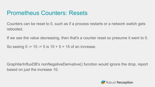 Prometheus Counters: Resets
Counters can be reset to 0, such as if a process restarts or a network switch gets
rebooted.
I...