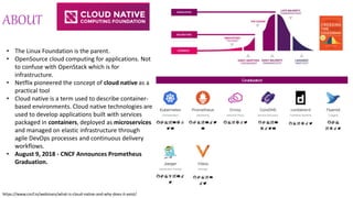 ABOUT
• The Linux Foundation is the parent.
• OpenSource cloud computing for applications. Not
to confuse with OpenStack which is for
infrastructure.
• Netflix pioneered the concept of cloud native as a
practical tool
• Cloud native is a term used to describe container-
based environments. Cloud native technologies are
used to develop applications built with services
packaged in containers, deployed as microservices
and managed on elastic infrastructure through
agile DevOps processes and continuous delivery
workflows.
• August 9, 2018 - CNCF Announces Prometheus
Graduation.
https://www.cncf.io/webinars/what-is-cloud-native-and-why-does-it-exist/
 