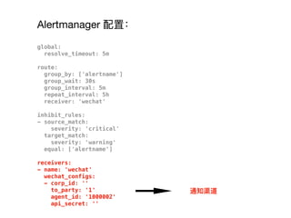 Alertmanager 配置：
global:
resolve_timeout: 5m
route:
group_by: ['alertname']
group_wait: 30s
group_interval: 5m
repeat_interval: 5h
receiver: 'wechat'
inhibit_rules:
- source_match:
severity: 'critical'
target_match:
severity: 'warning'
equal: ['alertname']
receivers:
- name: 'wechat'
wechat_configs:
- corp_id: ''
to_party: '1'
agent_id: '1000002'
api_secret: ''
通知渠道
 