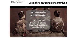 Vermehrte Nutzung der Sammlung
Start 3.000 Objekte
Jetzt 8.700 Objekte
Mehr als 20.000
Downloads (direkte
Downloads und Links,
auch über XML)
 