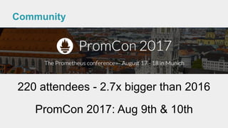 220 attendees - 2.7x bigger than 2016
PromCon 2017: Aug 9th & 10th
Community
 