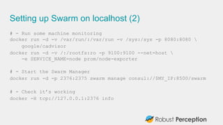 Setting up Swarm on localhost (2)
# - Run some machine monitoring
docker run -d -v /var/run/:/var/run -v /sys:/sys -p 8080...