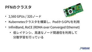 PFNのクラスタ
• 2,560 GPUs / 320ノード
• Kubernetesクラスタを構築し、PodからGPUを利⽤
• InfiniBand, RoCE (RDMA over Converged Ethernet)
• 低レイテンシ、⾼速なノード間通信を利⽤して 
分散学習を⾏っている
 
