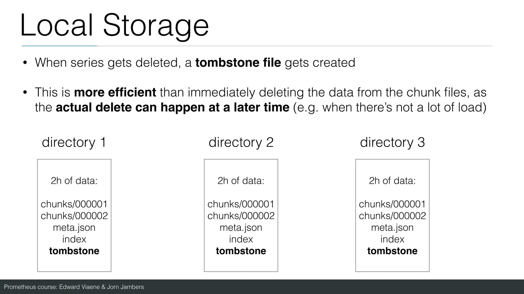 Prometheus course: Edward Viaene & Jorn Jambers
Local Storage
• When series gets deleted, a tombstone
fi
le gets created
• This is more ef
fi
cient than immediately deleting the data from the chunk
fi
les, as
the actual delete can happen at a later time (e.g. when there’s not a lot of load)
directory 1 directory 2 directory 3
2h of data:
chunks/000001
chunks/000002
meta.json
index
tombstone
2h of data:
chunks/000001
chunks/000002
meta.json
index
tombstone
2h of data:
chunks/000001
chunks/000002
meta.json
index
tombstone
 