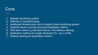 Cons
1. Multiple monitoring system
2. Difficulty in troubleshooting
3. Additional Infrastructure cost to support three monitoring system
4. Graphite doesn’t provide pod level Application metrics
5. Infra team need to understand Sensu, Prometheus alerting
6. Application metrics are single dimension Ex. (a.b.c.d.99)
7. Grafana alerting for Application metrics
 