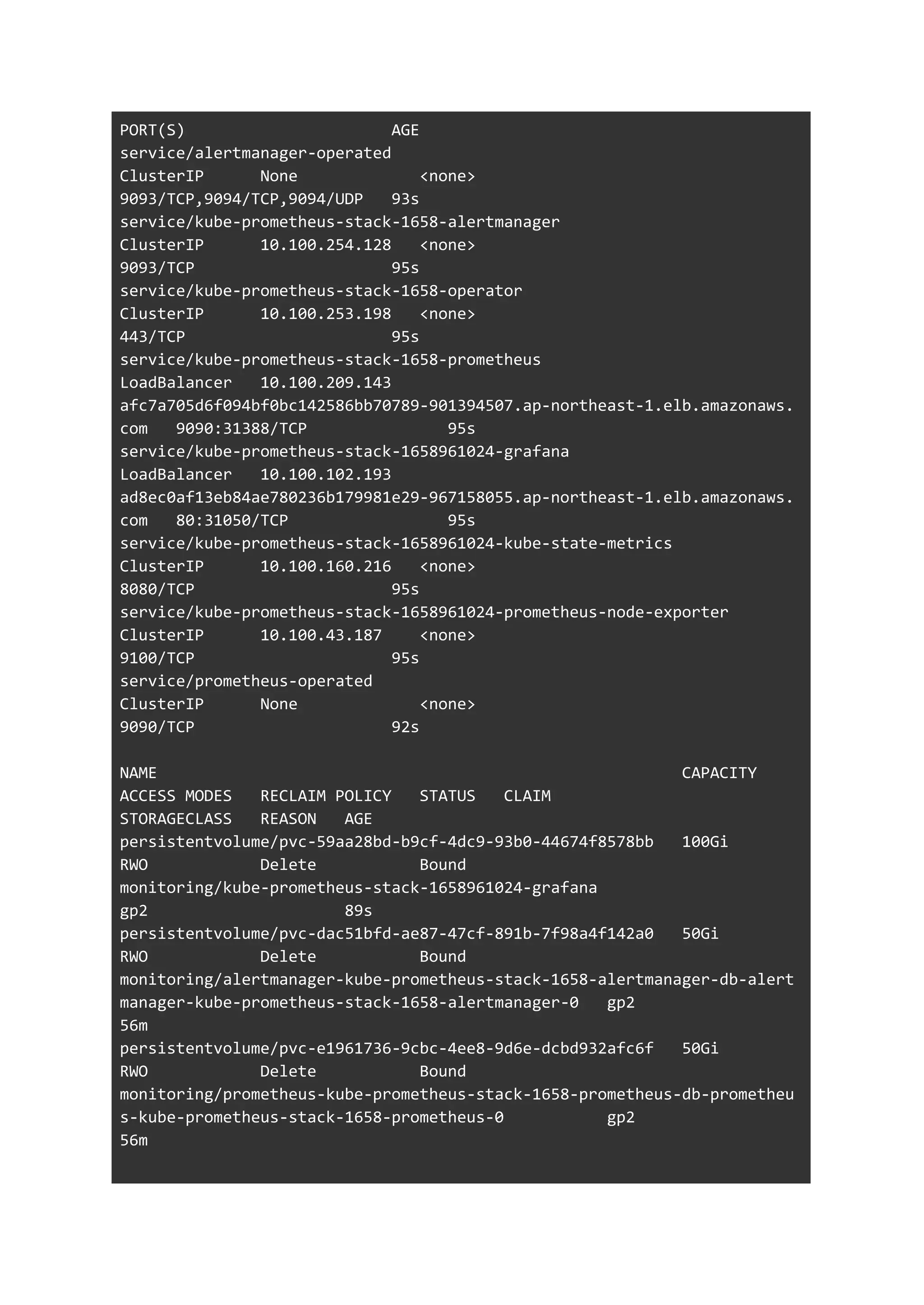 PORT(S) AGE
service/alertmanager-operated
ClusterIP None <none>
9093/TCP,9094/TCP,9094/UDP 93s
service/kube-prometheus-stack-1658-alertmanager
ClusterIP 10.100.254.128 <none>
9093/TCP 95s
service/kube-prometheus-stack-1658-operator
ClusterIP 10.100.253.198 <none>
443/TCP 95s
service/kube-prometheus-stack-1658-prometheus
LoadBalancer 10.100.209.143
afc7a705d6f094bf0bc142586bb70789-901394507.ap-northeast-1.elb.amazonaws.
com 9090:31388/TCP 95s
service/kube-prometheus-stack-1658961024-grafana
LoadBalancer 10.100.102.193
ad8ec0af13eb84ae780236b179981e29-967158055.ap-northeast-1.elb.amazonaws.
com 80:31050/TCP 95s
service/kube-prometheus-stack-1658961024-kube-state-metrics
ClusterIP 10.100.160.216 <none>
8080/TCP 95s
service/kube-prometheus-stack-1658961024-prometheus-node-exporter
ClusterIP 10.100.43.187 <none>
9100/TCP 95s
service/prometheus-operated
ClusterIP None <none>
9090/TCP 92s
NAME CAPACITY
ACCESS MODES RECLAIM POLICY STATUS CLAIM
STORAGECLASS REASON AGE
persistentvolume/pvc-59aa28bd-b9cf-4dc9-93b0-44674f8578bb 100Gi
RWO Delete Bound
monitoring/kube-prometheus-stack-1658961024-grafana
gp2 89s
persistentvolume/pvc-dac51bfd-ae87-47cf-891b-7f98a4f142a0 50Gi
RWO Delete Bound
monitoring/alertmanager-kube-prometheus-stack-1658-alertmanager-db-alert
manager-kube-prometheus-stack-1658-alertmanager-0 gp2
56m
persistentvolume/pvc-e1961736-9cbc-4ee8-9d6e-dcbd932afc6f 50Gi
RWO Delete Bound
monitoring/prometheus-kube-prometheus-stack-1658-prometheus-db-prometheu
s-kube-prometheus-stack-1658-prometheus-0 gp2
56m
 