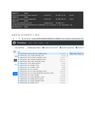 8080/TCP 5m40s
service/prometheus-node-exporter ClusterIP 10.100.53.36 <none>
9100/TCP 5m40s
service/prometheus-pushgateway ClusterIP 10.100.184.91 <none>
9091/TCP 5m40s
service/prometheus-server LoadBalancer 10.100.93.3
adc0a2cdfbf974ee6994d148f9efbce4-1289964317.ap-northeast-1.elb.amazonaws.com
80:31635/TCP 5m40s
3.배포된 프로메테우스 확인
 