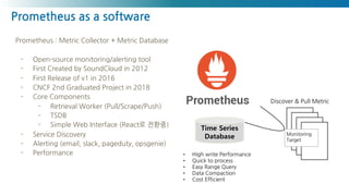 Prometheus as a software
Prometheus : Metric Collector + Metric Database
- Open-source monitoring/alerting tool
- First Created by SoundCloud in 2012
- First Release of v1 in 2016
- CNCF 2nd Graduated Project in 2018
- Core Components
- Retrieval Worker (Pull/Scrape/Push)
- TSDB
- Simple Web Interface (React로 전환중)
- Service Discovery
- Alerting (email, slack, pageduty, opsgenie)
- Performance
Time Series
Database
• High write Performance
• Quick to process
• Easy Range Query
• Data Compaction
• Cost Efficient
Monitoring
Target
Discover & Pull Metric
 