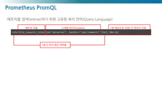 Prometheus PromQL
rate(http_requests_total{job="apiserver", handler="/api/comments"}[5m])[30m:1m]
메트릭 이름 시계열 데이터(Labels)
5분간 초당 평균 변화율
1분 해상도로 30분 간 데이터 조회
메트릭을 검색(retrive)하기 위한 고유한 쿼리 언어(Query Language)
 