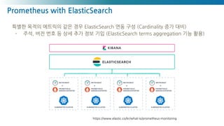 Prometheus with ElasticSearch
https://www.elastic.co/kr/what-is/prometheus-monitoring
특별한 목적의 메트릭의 같은 경우 ElasticSearch 연동 구성 (Cardinality 증가 대비)
- 주석, 버전 번호 등 상세 추가 정보 기입 (ElasticSearch terms aggregation 기능 활용)
 