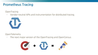 Prometheus Tracing
OpenTracing
- Vendor-neutral APIs and instrumentation for distributed tracing.
OpenTelemetry
- The next major version of the OpenTracing and OpenCensus
 