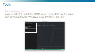 Tools
https://metricat.dev/
exporter URL 입력 -> 로컬에서 간단한 metric, record 확인, csv 형식 export
최근 업데이트로 MacOS, Windows, Linux 설치...
