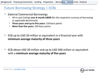 Future Borrowing Strategy | ECBs External Commercial Borrowings All-in-cost Ceilings  over 6 month LIBOR  (for the respective currency of borrowing or applicable Benchmark) Three years and up to five years:  150 basis points More than five years:  250 basis points ECB up to USD 20 million or equivalent in a financial year with  minimum average maturity of three years ECB above USD 20 million and up to USD 500 million or equivalent with a  minimum average maturity of five years 