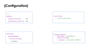 {Configuration}
----
global:
scrape_interval: 15s
evaluation_interval: 15s
alerting:
alertmanagers:
- static_configs:
- targets:
rule_files:
- "first_rules.yml"
scrape_configs:
- job_name: 'prometheus'
static_configs:
- targets: ['localhost:9090']
 