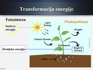Transformacija energije
Fotosinteza
Sunčeva
energija
Hemijska energija
 