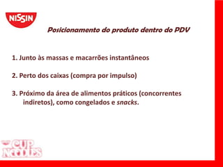 Posicionamento do produto dentro do PDV1. Junto às massas e macarrões instantâneos2. Perto dos caixas (compra por impulso)3. Próximo da área de alimentos práticos (concorrentes indiretos), como congelados e snacks. 