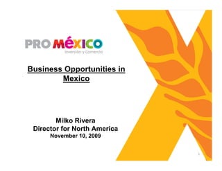 Business Opportunities in
        Mexico




        Milko Rivera
 Director for North America
      November 10, 2009


                              1
 