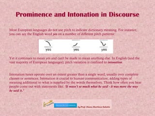 Prominence and Intonation in Discourse Most European languages do not use pitch to indicate dictionary meaning. For instance, you can say the English word  yes  on a number of different pitch patterns: Yet it continues to mean yes and can't be made to mean anything else. In English (and the vast majority of European languages), pitch variation is confined to  intonation . Intonation tunes operate over an extent greater than a single word, usually over complete clauses or sentences. Intonation is crucial to human communication, adding types of  meaning additional to what is supplied by the words themselves. Think how often you hear people come out with statements like:  ‘It wasn't so much what he said - it was more the way he said it.’ 