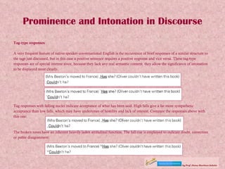 Prominence and Intonation in Discourse Tag-type responses A very frequent feature of native-speaker conversational English is the occurrence of brief responses of a similar structure to the tags just discussed, but in this case a positive sentence requires a positive response and vice versa. These tag-type responses are of special interest since, because they lack any real semantic content, they allow the significance of intonation to be displayed most clearly. Tag responses with falling nuclei indicate acceptance of what has been said. High falls give a far more sympathetic acceptance than low falls, which may have undertones of hostility and lack of interest. Compare the responses above with this one: The broken tones have an inherent heavily laden attitudinal function. The fall-rise is employed to indicate doubt, correction or polite disagreement: 