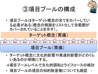 ③項目プールの構成
• 項目プールはターゲット概念の全てをカバーしてい
る必要がある（概念の側面をリスト化して全範囲が
カバーされていることを示す）。
ターゲット概念（胃痛）
項目プール（胃痛）
• ターゲット概念に文化的影響や発達的影響がどのくら
いあるのか明確にする。
→項目プールレベルで文化的調和とライフコースの検討
• 項目プールの項目の知的財産権についても確認
項目1 項目2 項目3 項目4 項目5 項目6 項目7 項目8 項目9 項目10
32
 