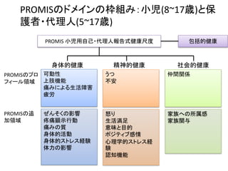 身体的健康
PROMIS 小児用自己・代理人報告式健康尺度
可動性
上肢機能
痛みによる生活障害
疲労
包括的健康
うつ
不安
仲間関係
ぜんそくの影響
疼痛顕示行動
痛みの質
身体的活動
身体的ストレス経験
体力の影響
怒り
生活満足
意味と目的
ポジティブ感情
心理学的ストレス経
験
認知機能
家族への所属感
家族関与
精神的健康 社会的健康
PROMISのプロ
フィール領域
PROMISの追
加領域
PROMISのドメインの枠組み：小児(8~17歳)と保
護者・代理人(5~17歳)
 