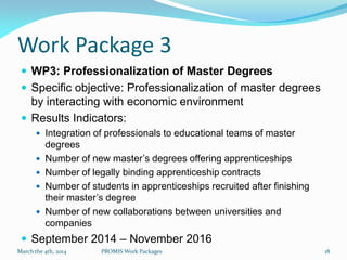 Work Package 3
 WP3: Professionalization of Master Degrees
 Specific objective: Professionalization of master degrees
by...