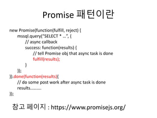 Promise 패턴이란 
new Promise(function(fulfill, reject) { 
mssql.query(“SELECT * …”, { 
// async callback 
success: function(results) { 
// tell Promise obj that async task is done 
fulfill(results); 
} 
}); 
}).done(function(results){ 
// do some post work after async task is done 
results………. 
}); 
참고 페이지 : https://www.promisejs.org/ 
 