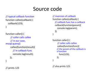 Source code 
// inversion of callback 
function callee(callback) { 
// callback func has a callback 
callback(function(param){ 
console.log(param); 
}); 
} 
function caller() { 
// caller calls callee 
callee(function(func){ 
// the param of the callback is 
a function 
func(123); 
}); 
} 
// also prints 123 
// typical callback function 
function callee(callback) { 
callback(123); 
} 
function caller() { 
// caller calls callee 
// in our case, 
mssql.query() 
callee(function(result){ 
// in callback func 
console.log(result); 
}); 
} 
// prints 123 
 