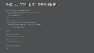 개선점 1. 작업의 단계가 명확히 구분된다.
new Promise(function(resolve, reject) {
User.ﬁndOne({email: email}, function(err, user) {
if (err) reject(err);
else resolve(user);
});
})
.then(function(user) {
return new Promise(function(resolve, reject) {
Group.ﬁnd({owner: user.id}, function(err, groups) {
if (err) reject(err);
else resolve(groups);
});
});
})
.then(function(groups) {
// do something with groups
})
.then(function() {
console.log('success');
})
.catch(function(err) {
console.error(err);
});
 